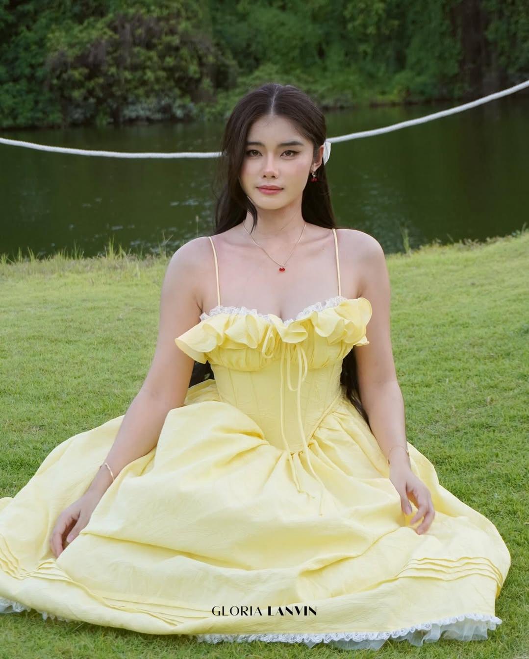 ruffle corset puffy maxi dress in yellow