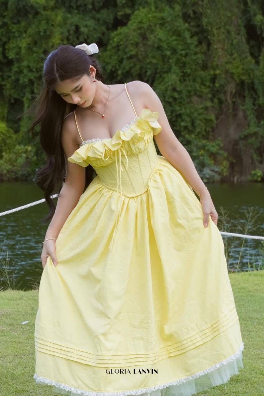 ruffle corset puffy maxi dress in yellow