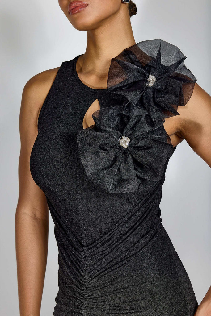 nicola Flower bow pleated bodycon maxi dress in black