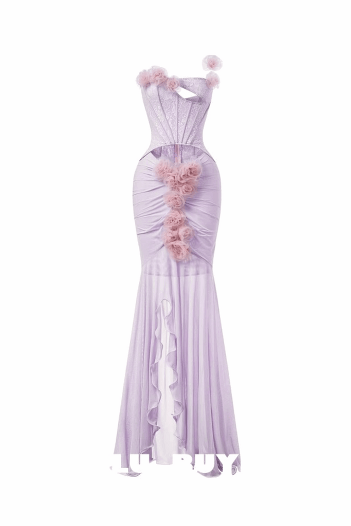 sigrid 3d flower strapless fishtail maxi dress in purple