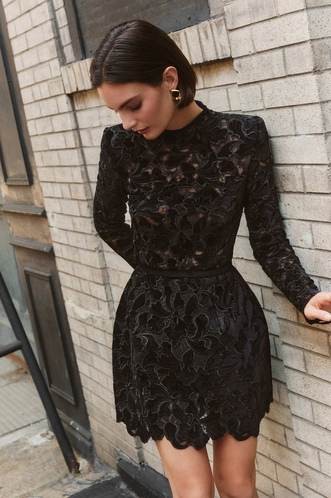 sherry Long-sleeved zippered lace mini dress in black