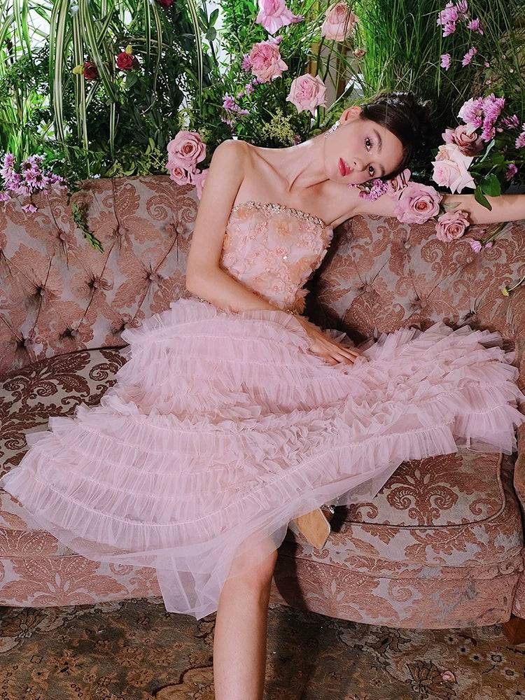Pink Princess layer ruffle midi floral Embroidery strapless Dress