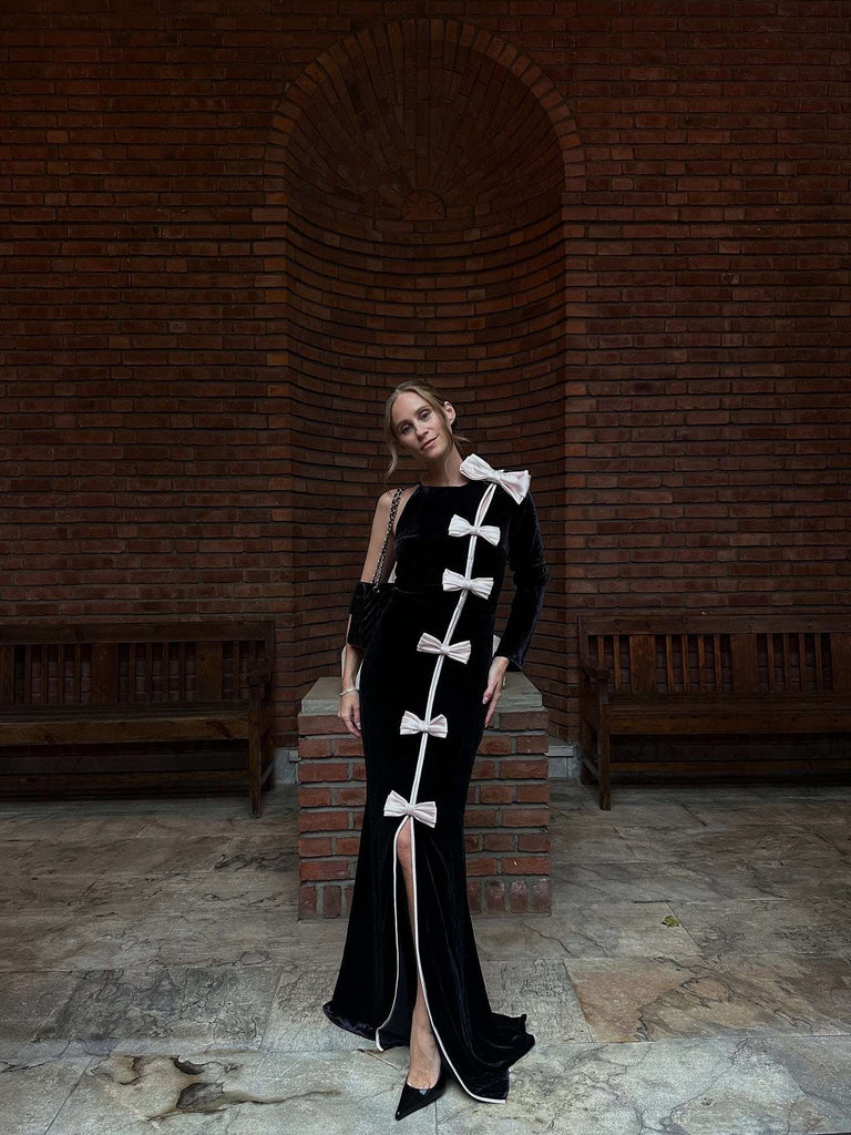 victoria Bow Cascade Velvet Maxi Dress in black