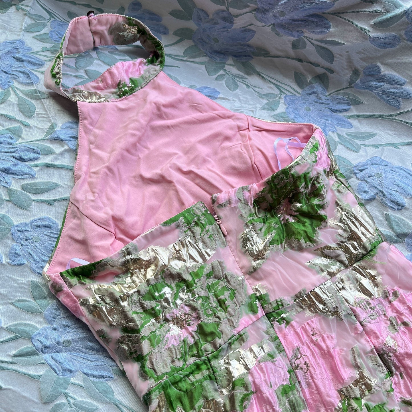 Jacquard Pink Green Floral Open Back Mini Dress