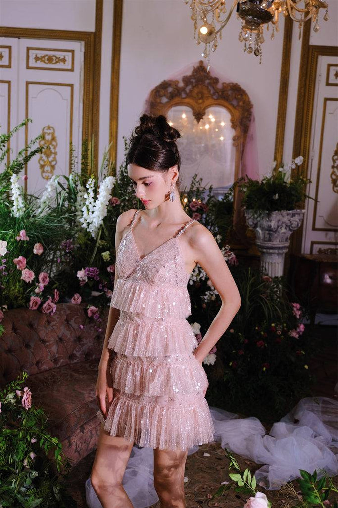 Pink Sleeveless Sequin layer ruffle short Dinner Dress
