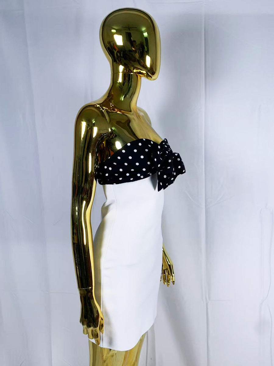 michaelia white Contour Sleeveless Polka Dot Contrast bow Bandage Mini Dress