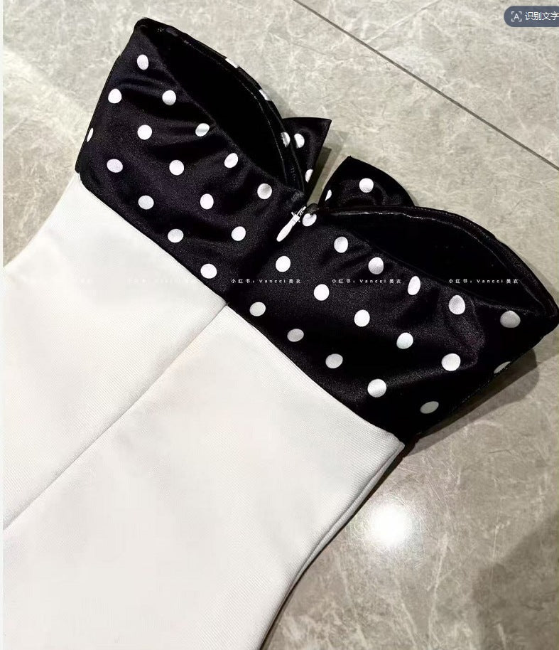 michaelia white Contour Sleeveless Polka Dot Contrast bow Bandage Mini Dress