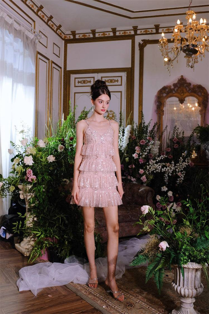 Pink Sleeveless Sequin layer ruffle short Dinner Dress