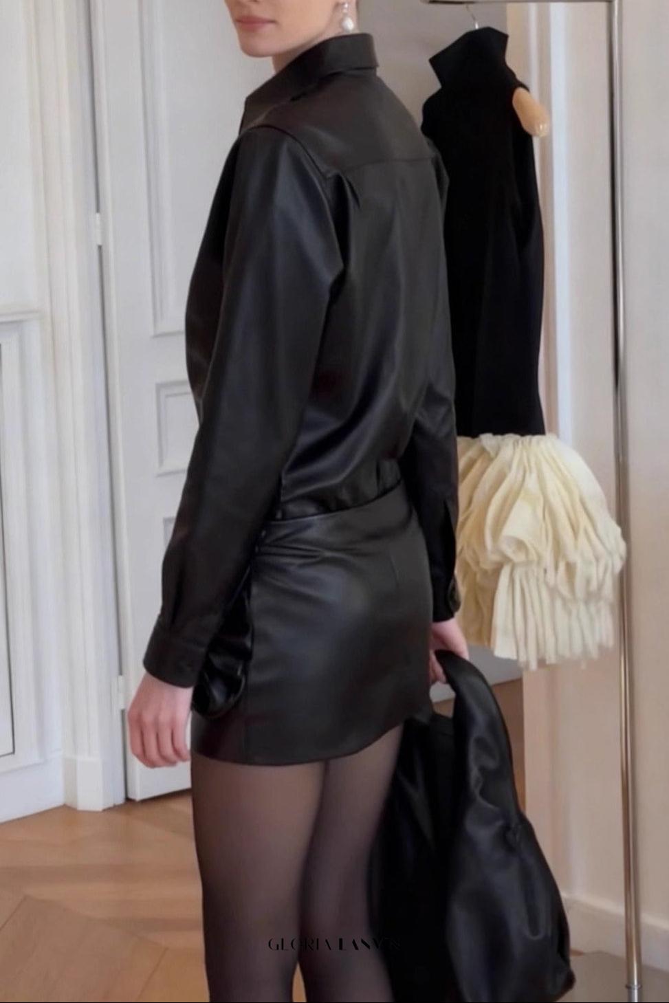 meredith leather top flower mini skirt set in black