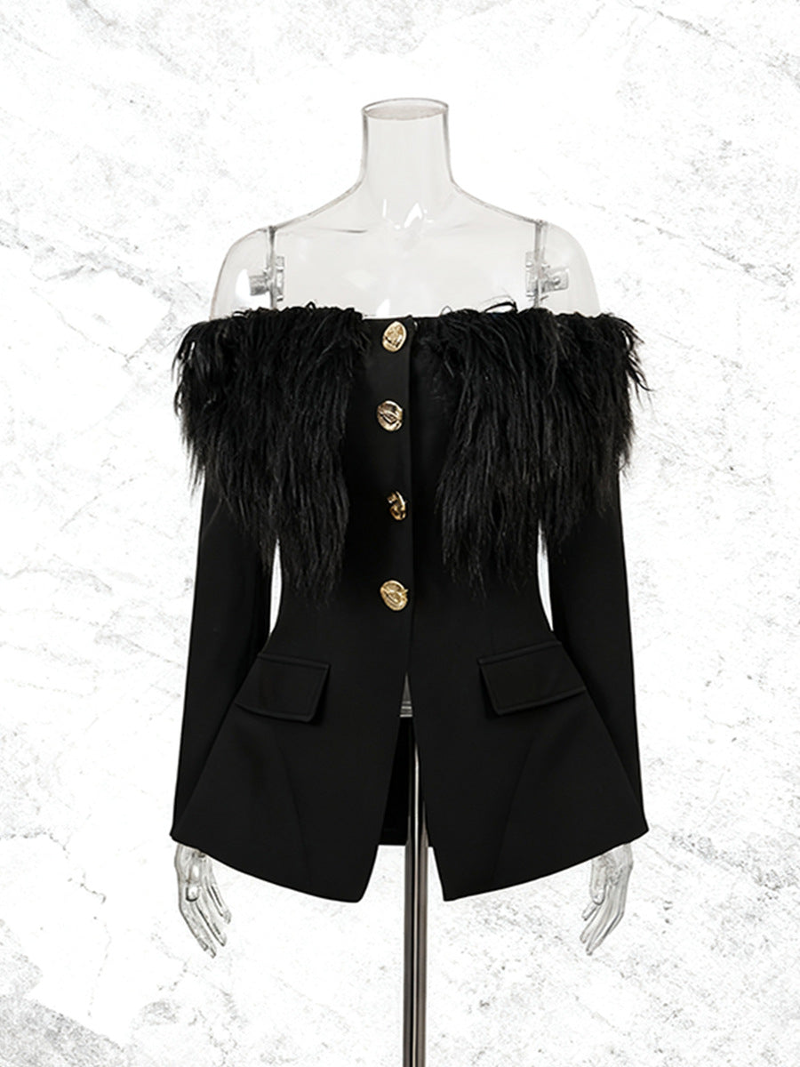 black Off-shoulder feather metal buckle decoration blazer mini dress