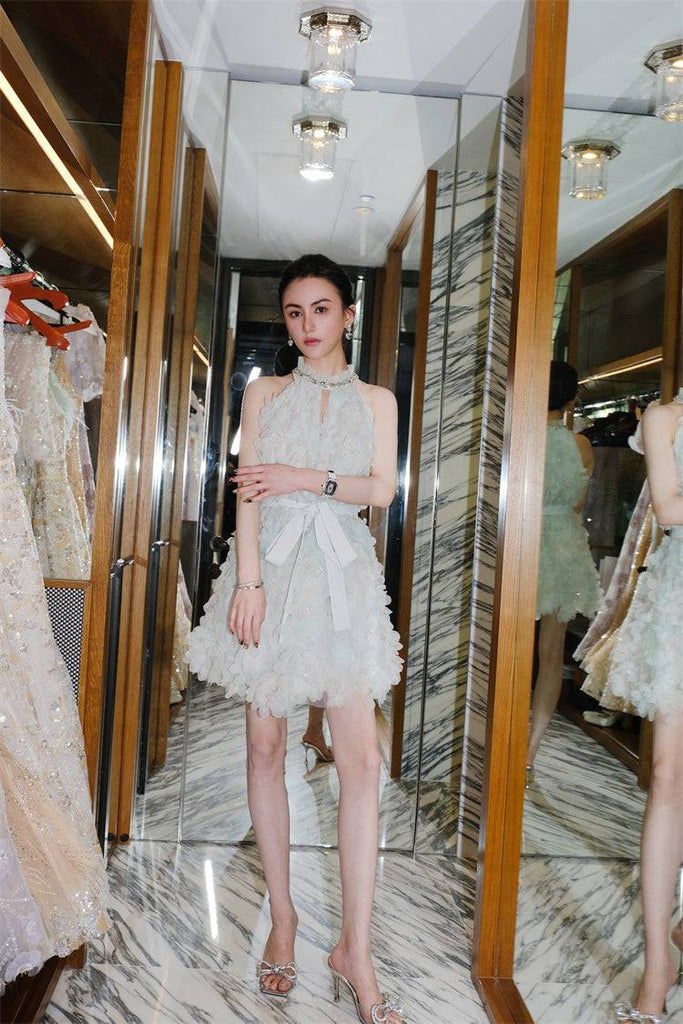 Pastel Green Ribbon Floral wedding guest bridal Dress