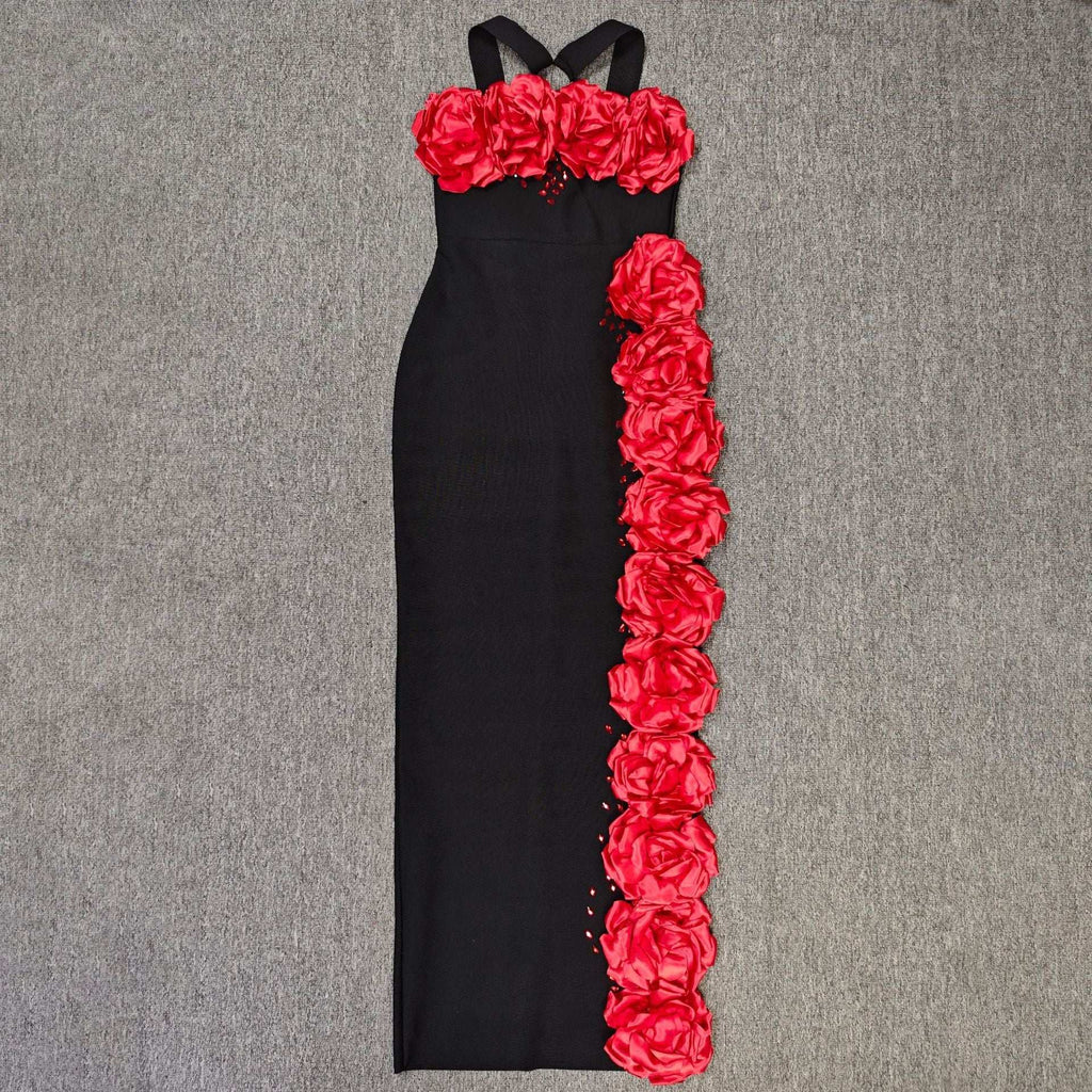sebastiane Halterneck Flower Bandage Maxi Dress in black