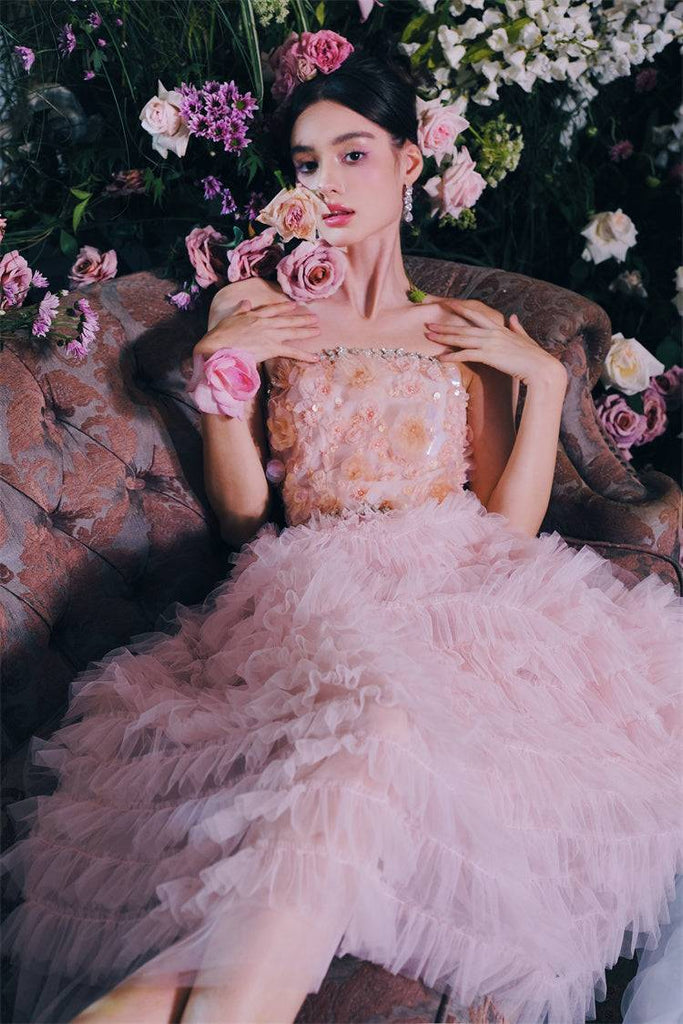 Pink Princess layer ruffle midi floral Embroidery strapless Dress