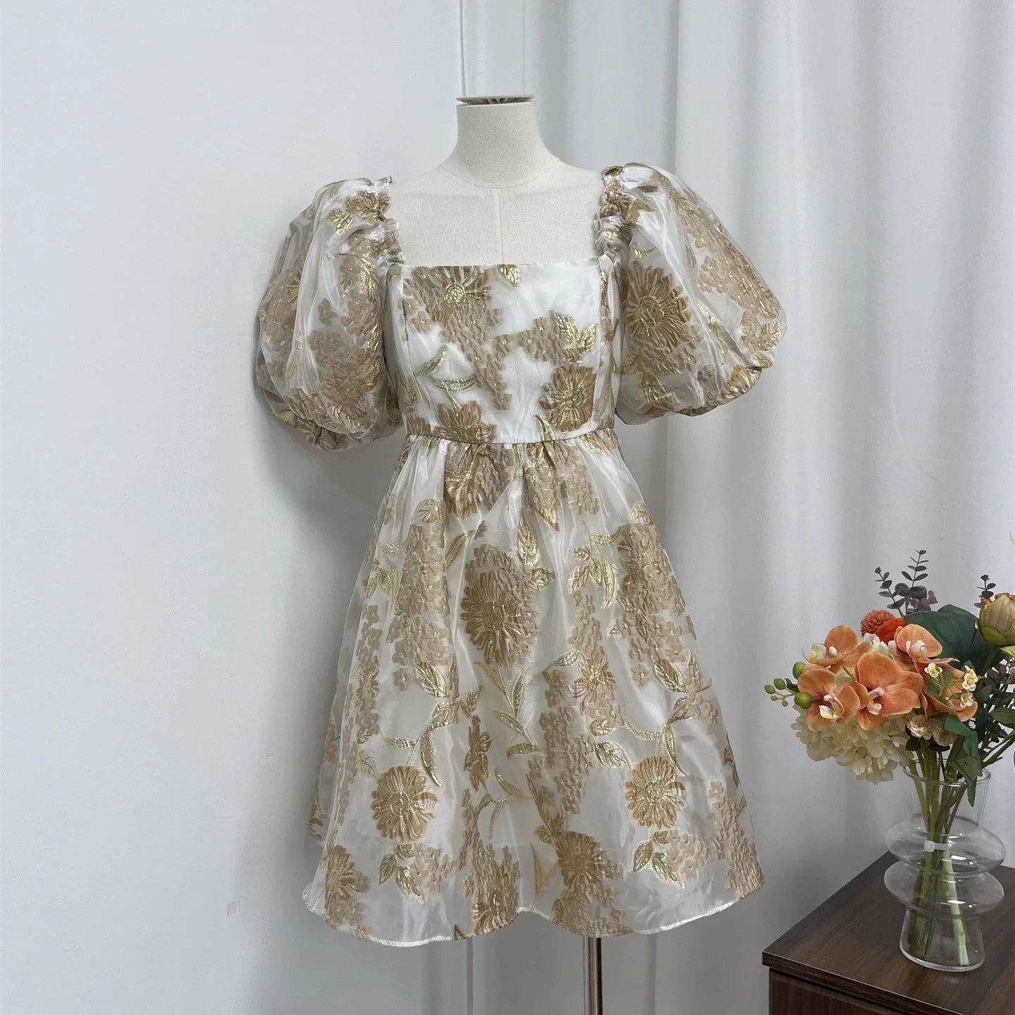 gold jacquard square neck puff sleeves puffy mini dress