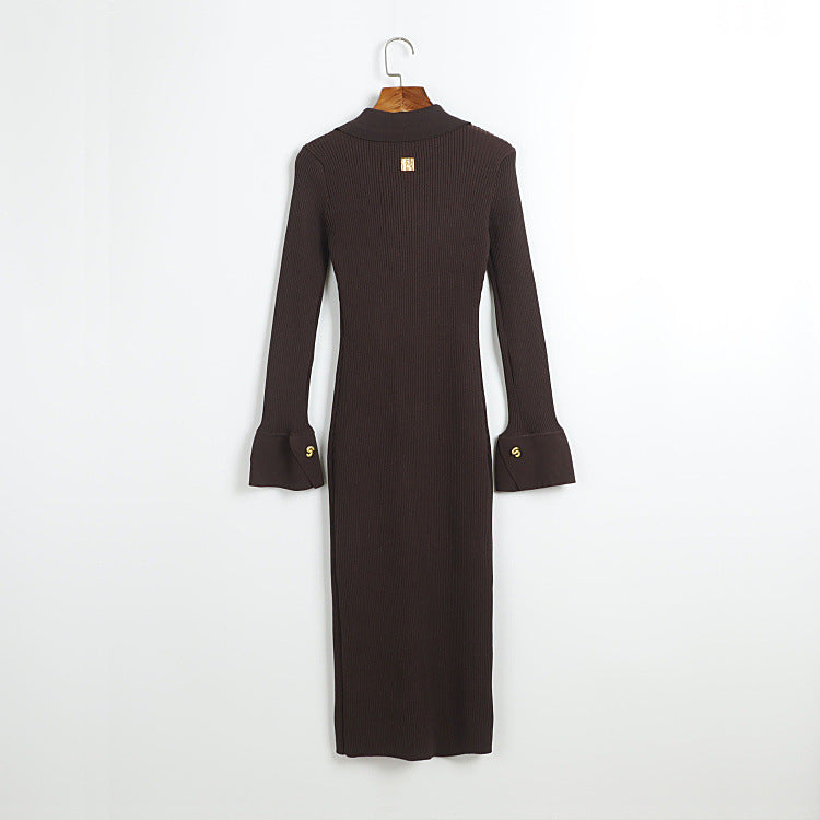 xaviera Contour V Neck Long Sleeve Knit Mini Dress