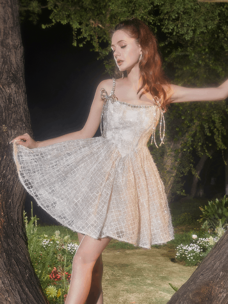 beige Square Collar Sleeveless lace cocktail Dress