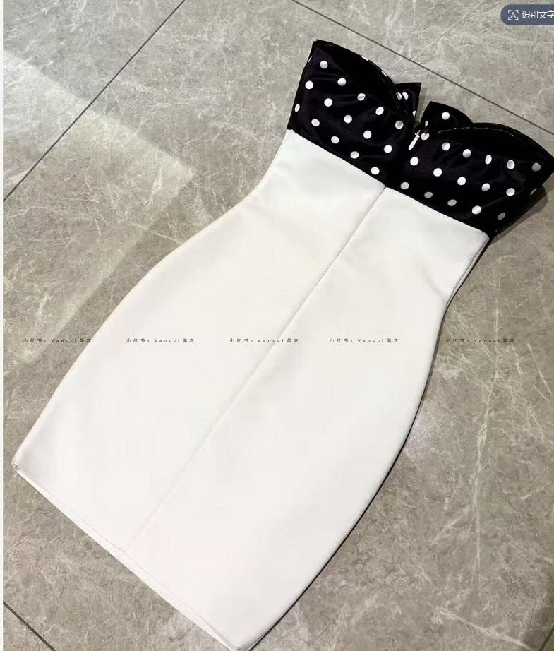 michaelia white Contour Sleeveless Polka Dot Contrast bow Bandage Mini Dress