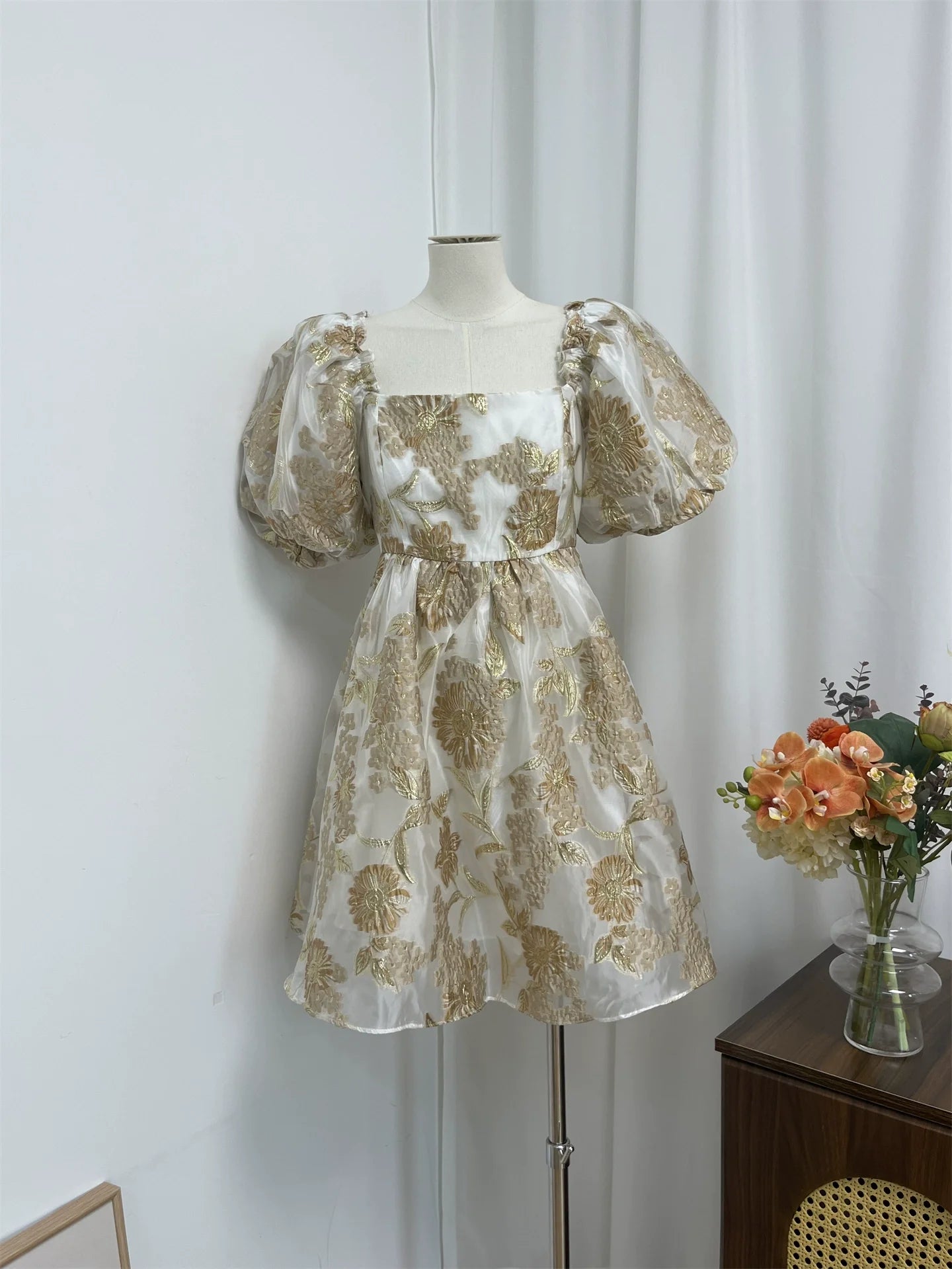 gold jacquard square neck puff sleeves puffy mini dress