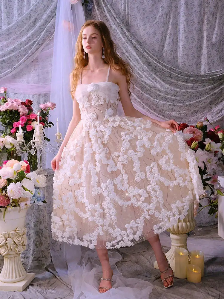 Leah White/Beige Sleeveless  Flower Dress