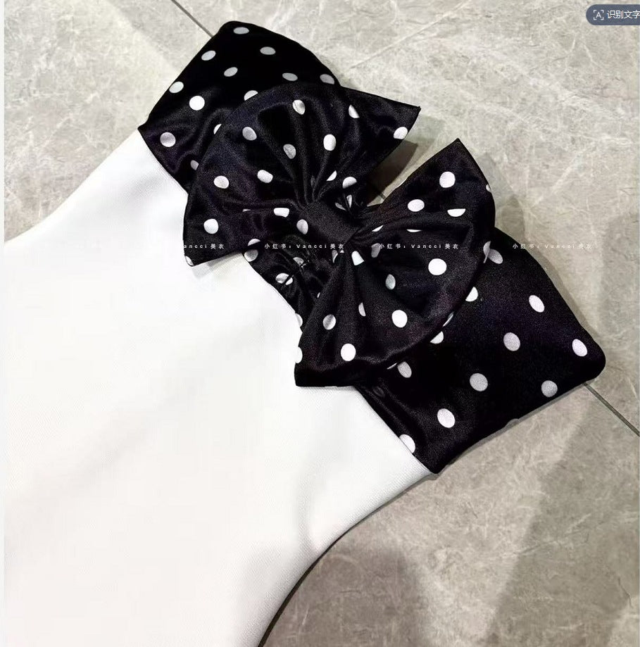michaelia white Contour Sleeveless Polka Dot Contrast bow Bandage Mini Dress