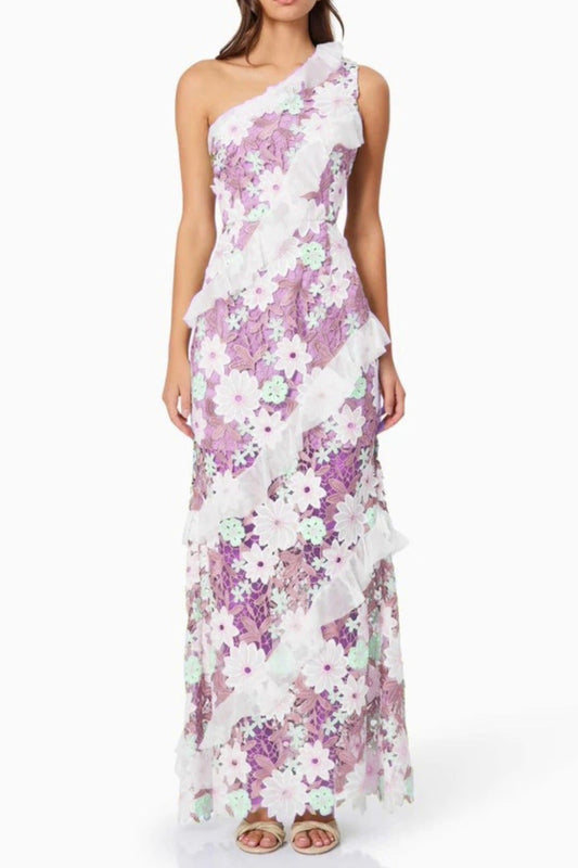 Robe longue asymétrique en dentelle à fleurs violette