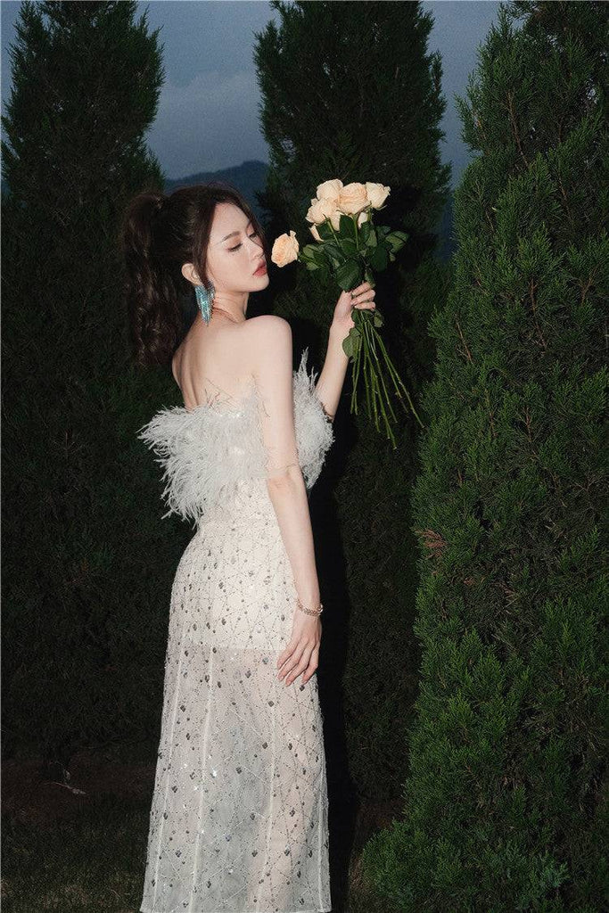 Masa White Haute Couture Feather Sequin Dress