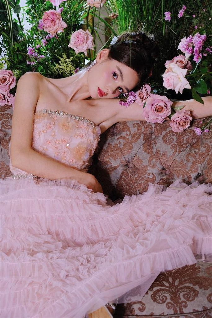 Pink Princess layer ruffle midi floral Embroidery strapless Dress