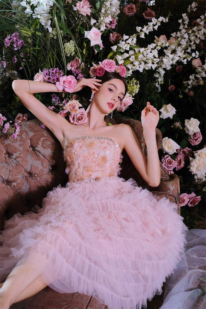 Pink Princess layer ruffle midi floral Embroidery strapless Dress