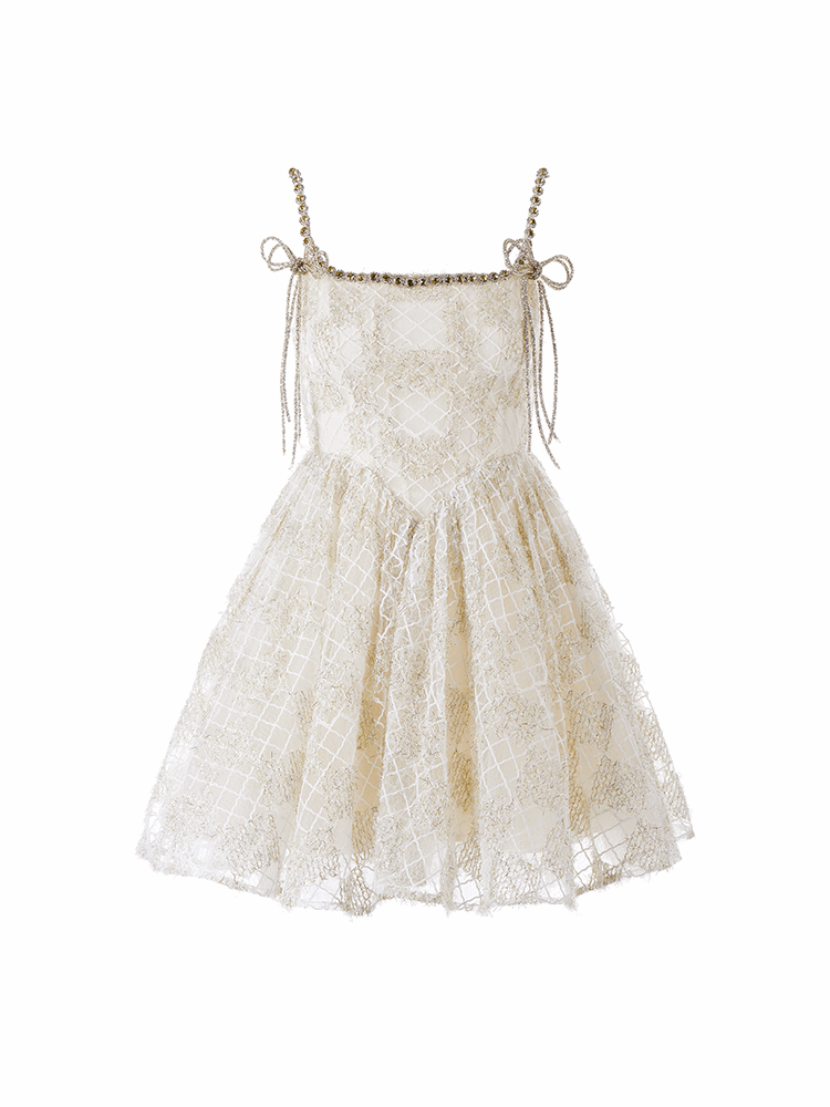 beige Square Collar Sleeveless lace cocktail Dress