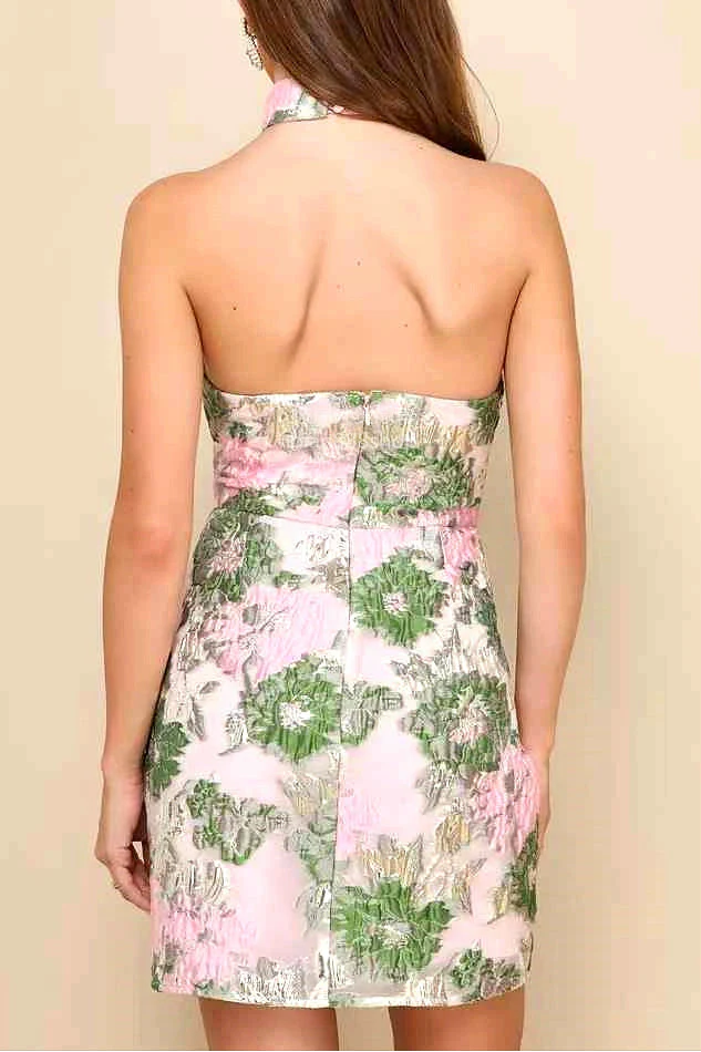 Jacquard Pink Green Floral Open Back Mini Dress