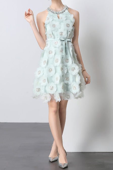 Chloe Strass-Minikleid mit 3D-Blumenapplikationen in Mint