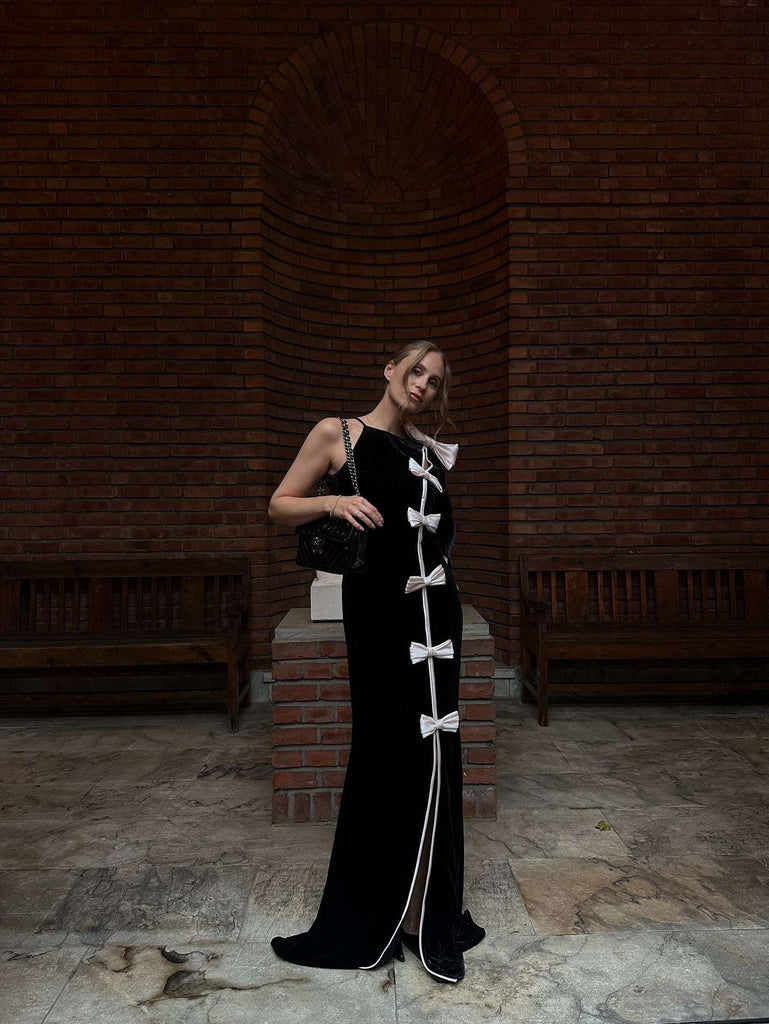 victoria Bow Cascade Velvet Maxi Dress in black