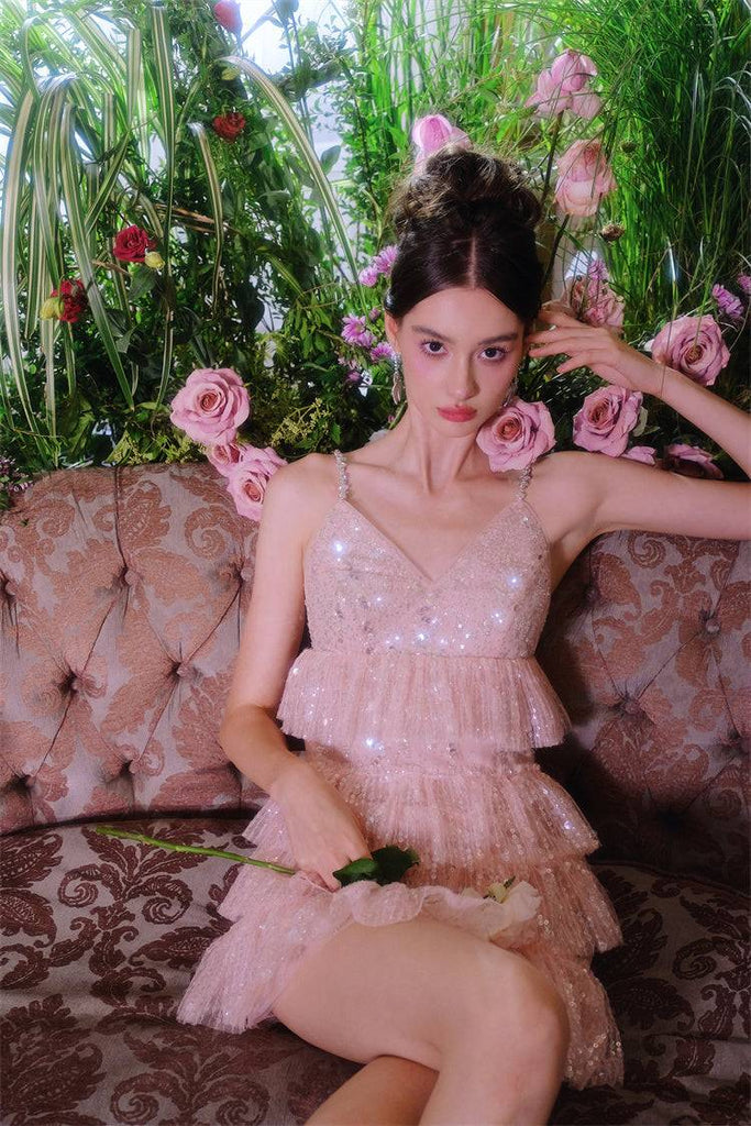 Pink Sleeveless Sequin layer ruffle short Dinner Dress