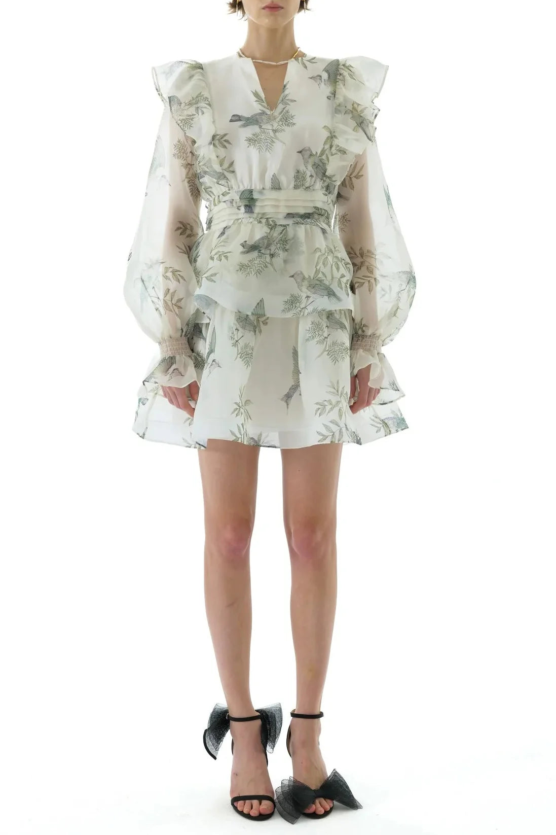 norma floral print SILK ORGANZA TIE NECK MINI DRESS
