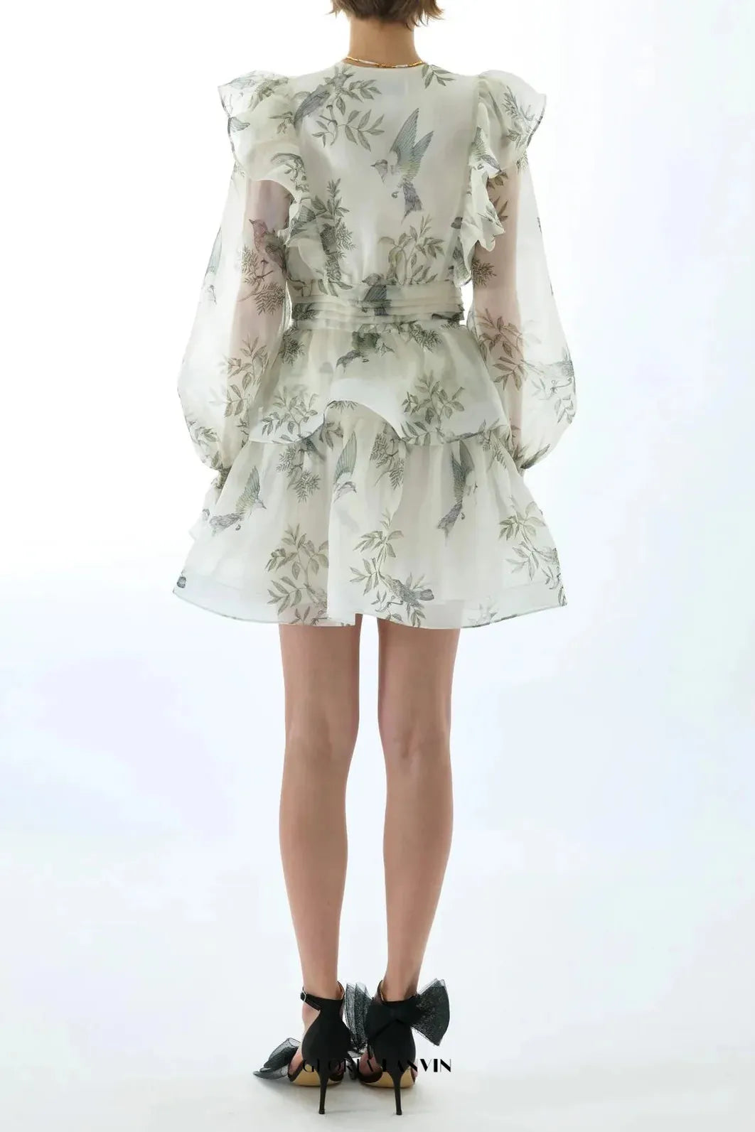 norma floral print SILK ORGANZA TIE NECK MINI DRESS