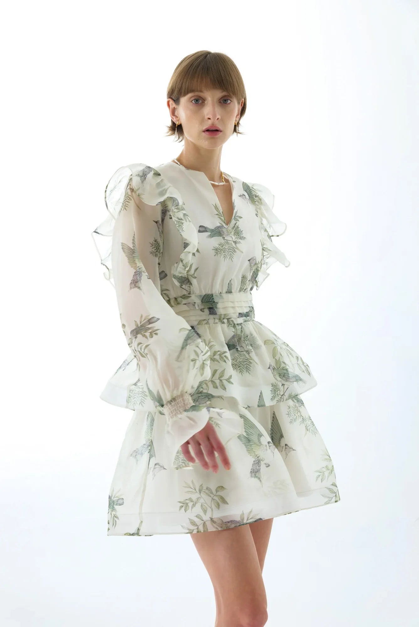 norma floral print SILK ORGANZA TIE NECK MINI DRESS