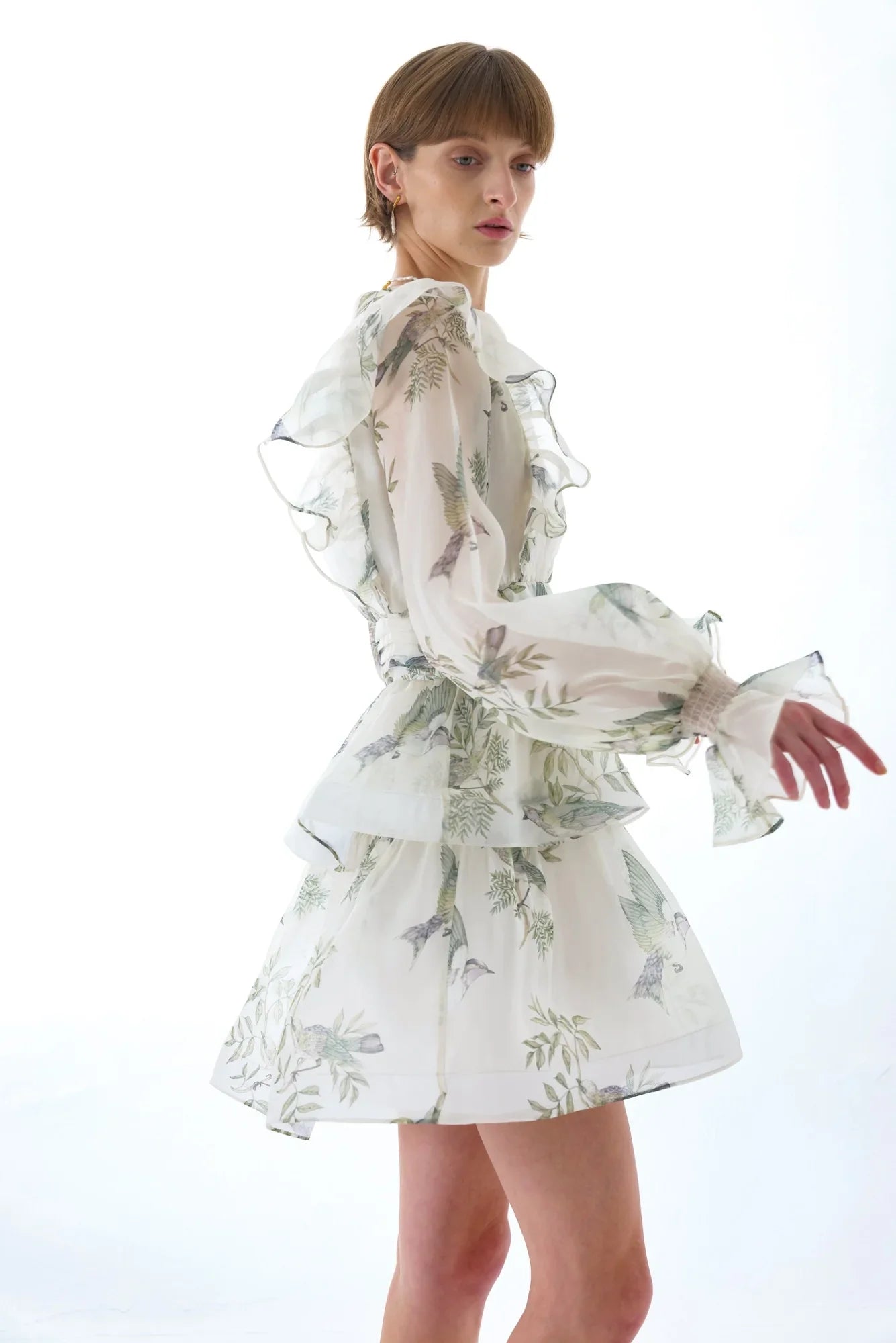 norma floral print SILK ORGANZA TIE NECK MINI DRESS