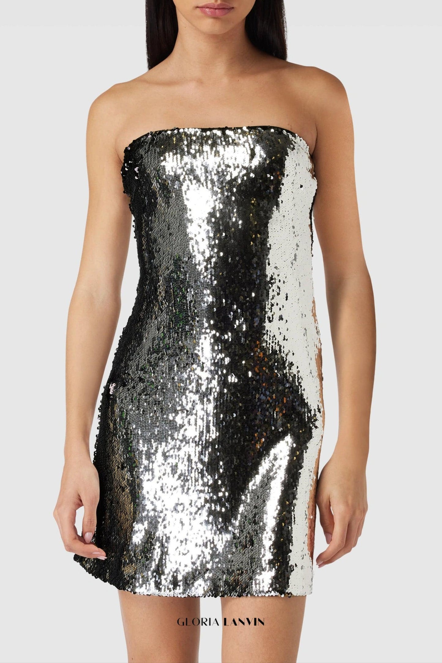 Off-Shoulder sequin embellished mini dress in silver