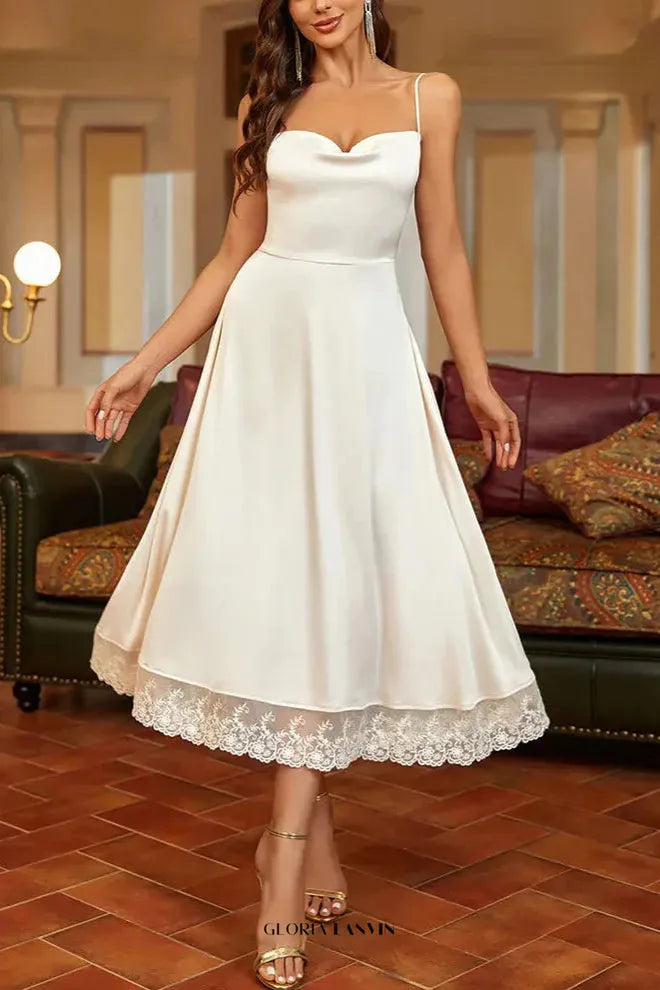 Satin lace panelled suspender midi dress in white