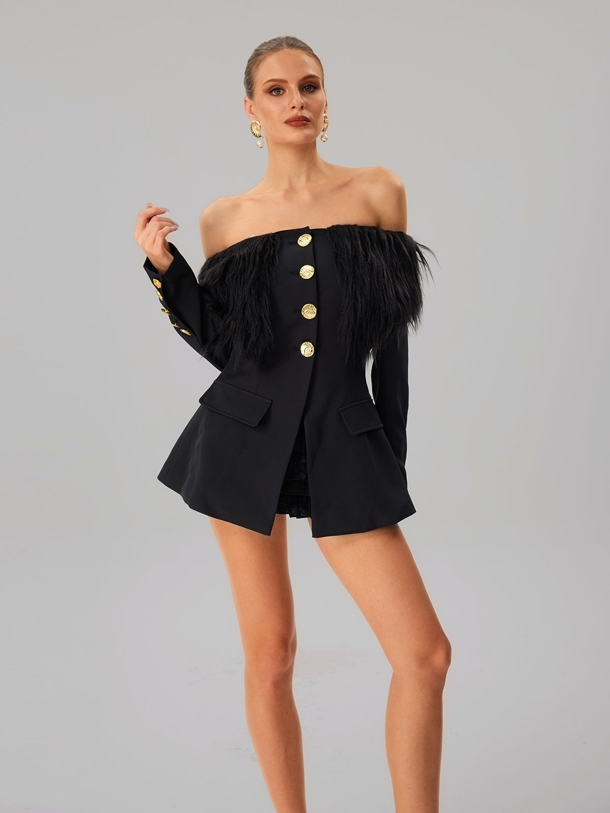 black Off-shoulder feather metal buckle decoration blazer mini dress