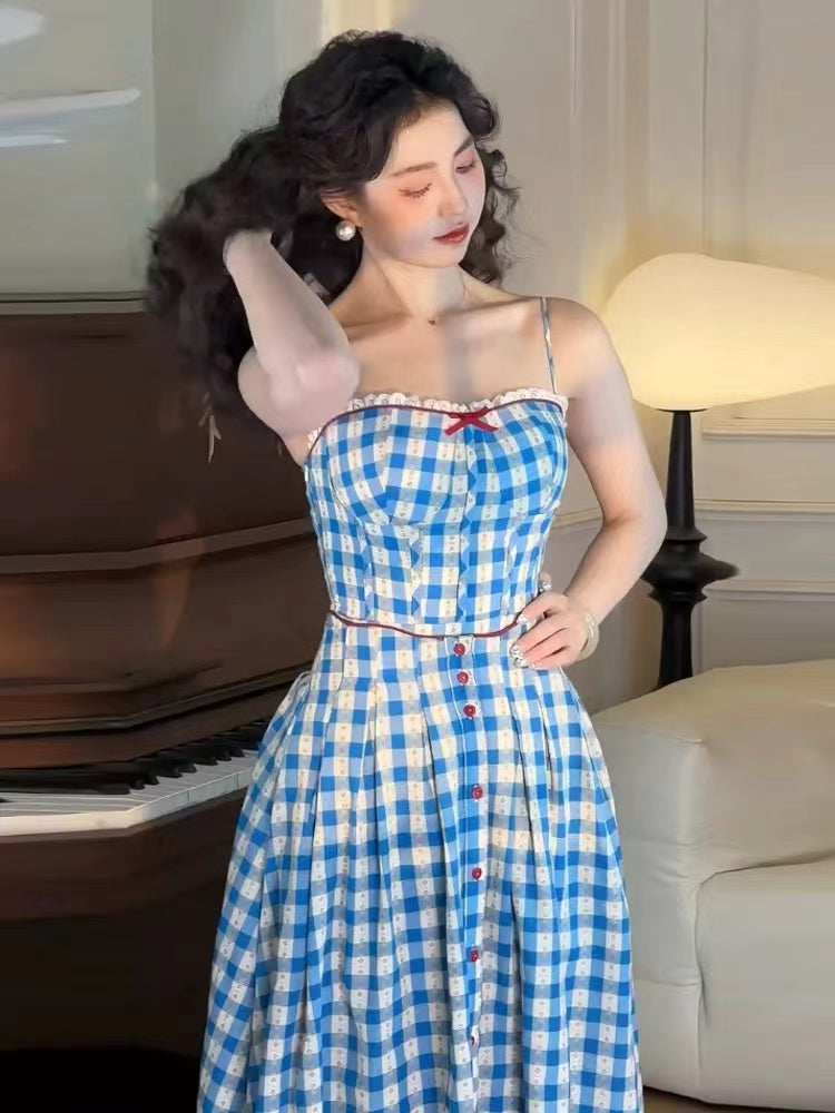 Robe longue à bretelles à carreaux Virginia bleue
