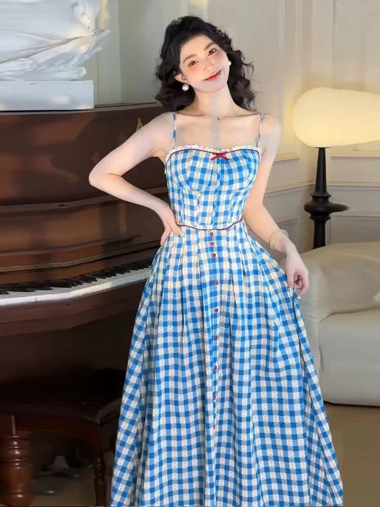 Robe longue à bretelles à carreaux Virginia bleue