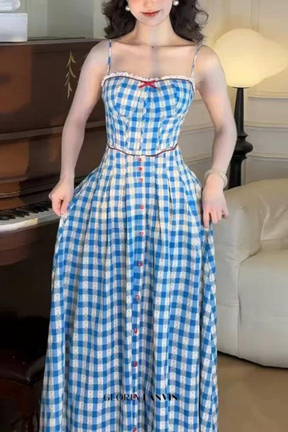 Robe longue à bretelles à carreaux Virginia bleue