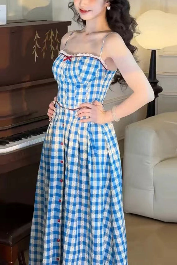 Robe longue à bretelles à carreaux Virginia bleue