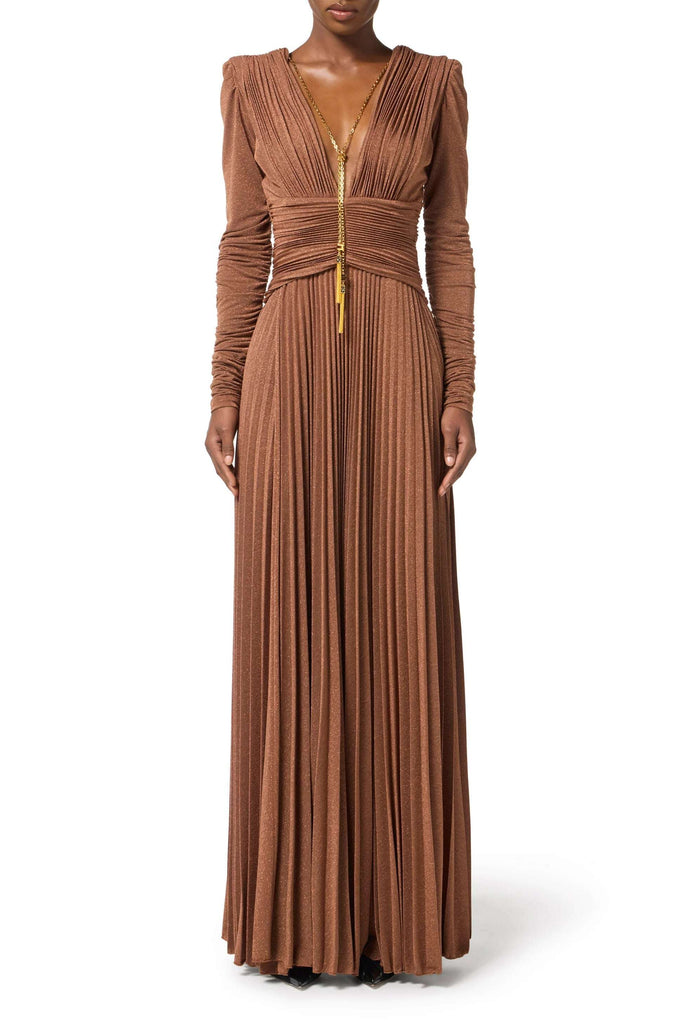 meroy Deep V puff sleeve pleated maxi dress in brown