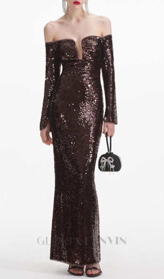 Langärmeliges Pailletten-Maxikleid in Braun