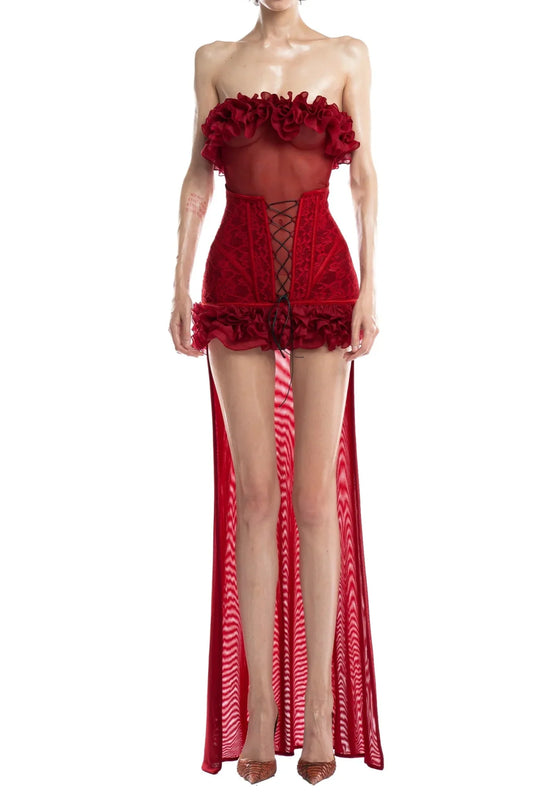 Anna 3D-Blumen-Spitzen-Minikleid, trägerlos, rot 