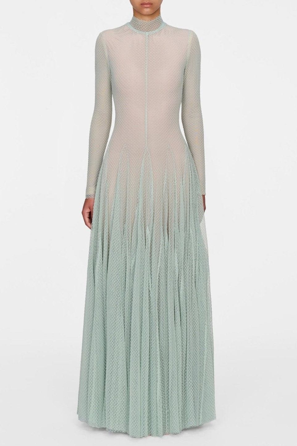 anila mint mesh long sleeve slim maxi dress
