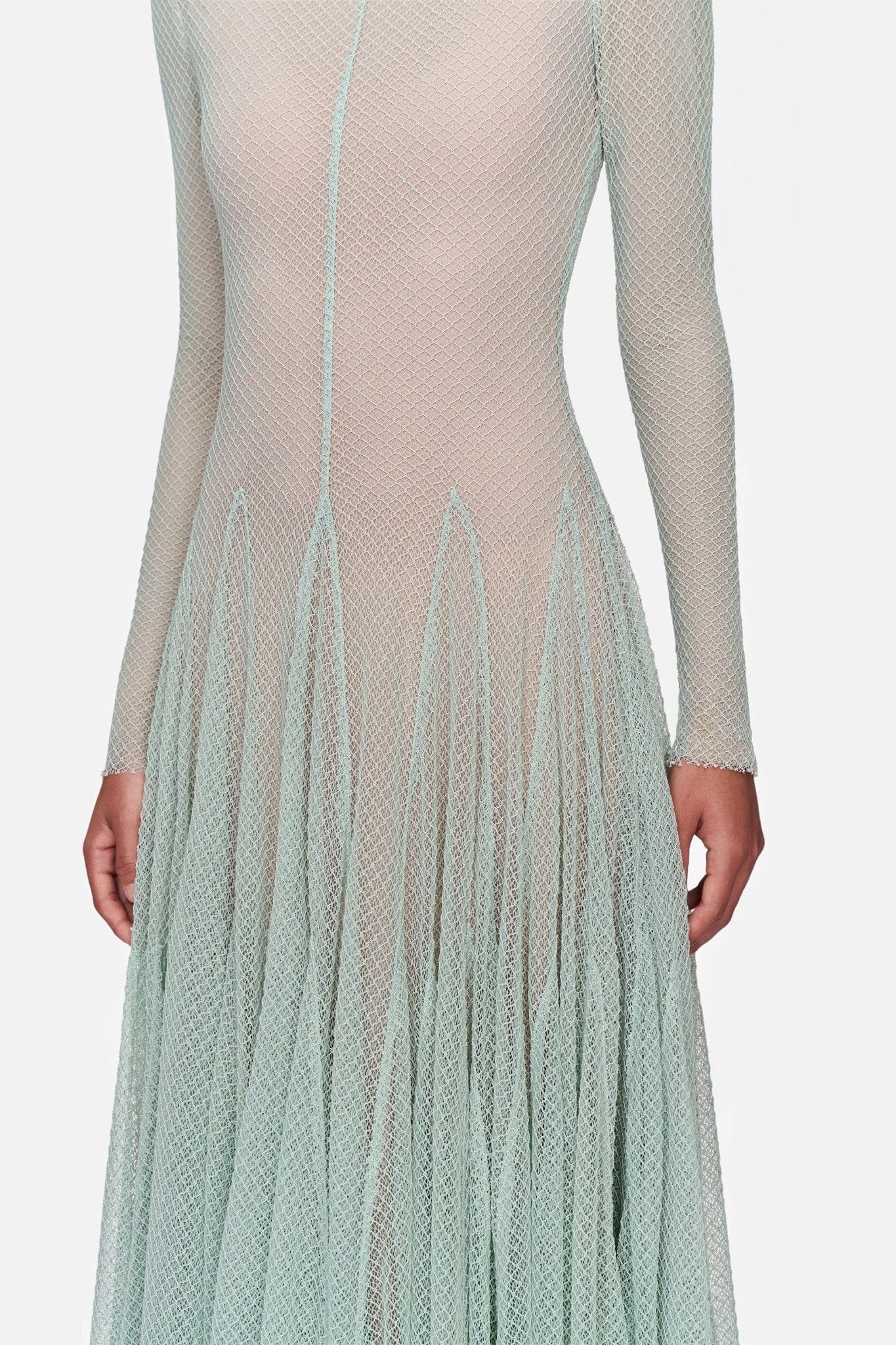 anila mint mesh long sleeve slim maxi dress