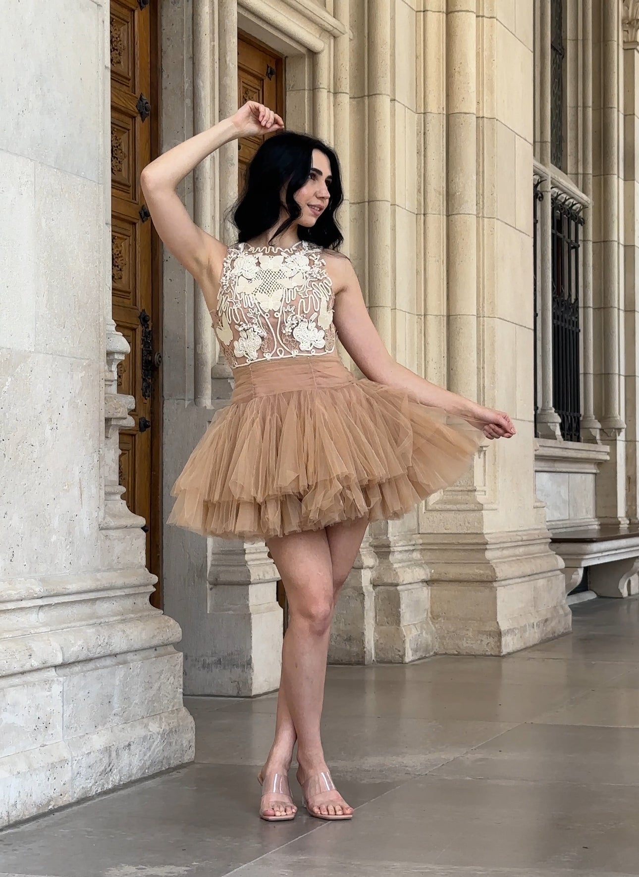 Ballerina | Beiges Tüll-Minikleid mit 3D-Applikation